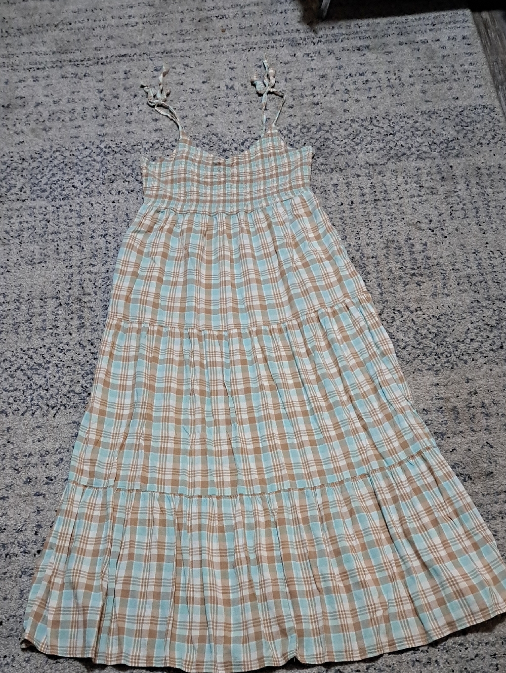 George Plaid Smocked Maxi Dress - Light Blue & Tan